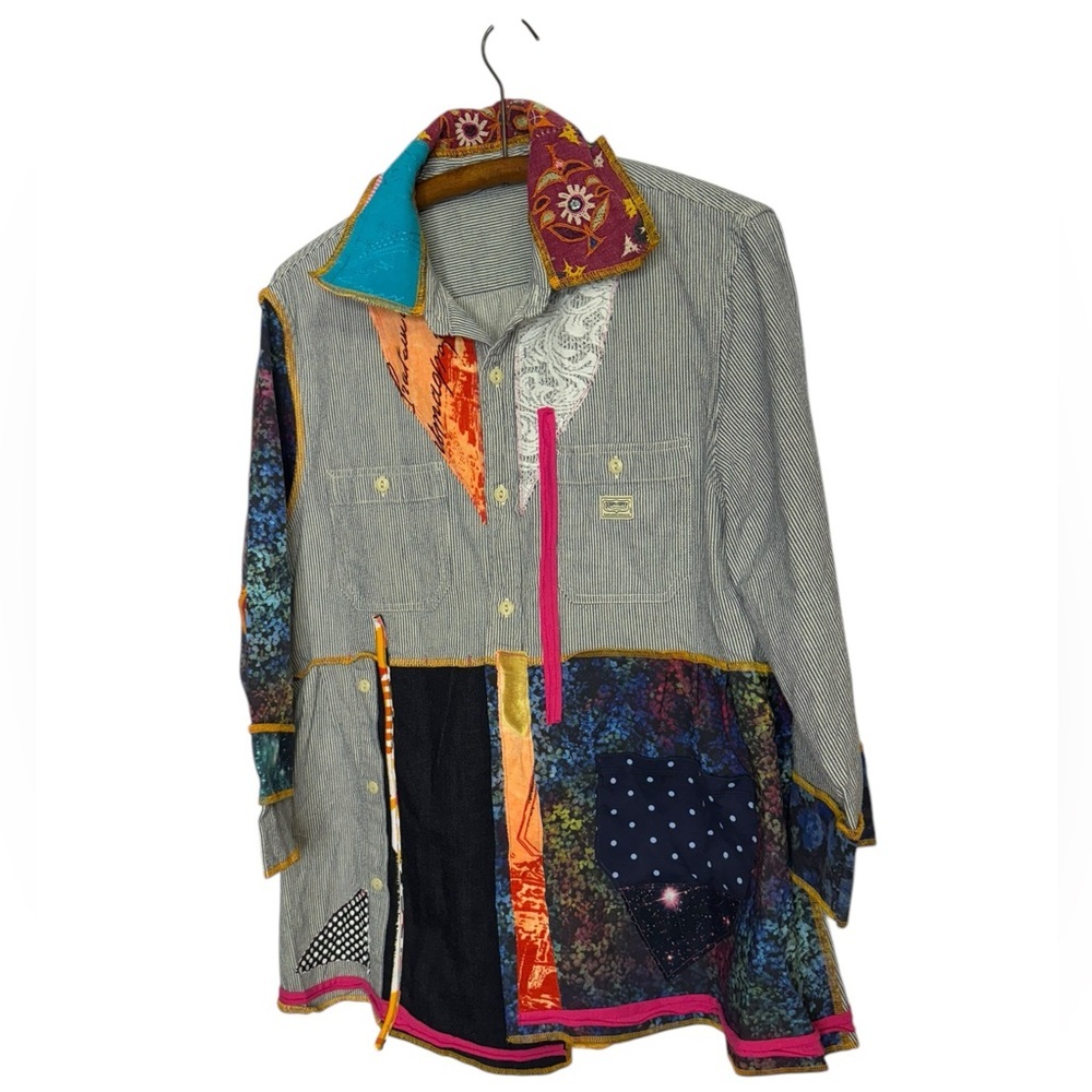 Patchwork Shirt Jacket Vintage 90s Hippie Boho Tapestry Button Down L